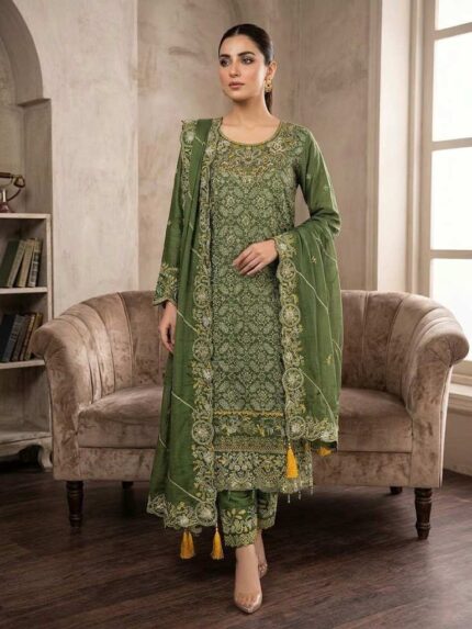 Premium georgette embroidery stitched three-piece dress with gorgeous dupatta for women.