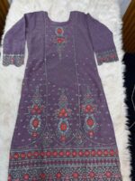 Premium georgette embroidery stitched three-piece dress with panel work for women.
