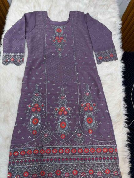 Premium georgette embroidery stitched three-piece dress with panel work for women.