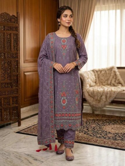Premium georgette embroidery stitched three-piece dress with panel work for women.
