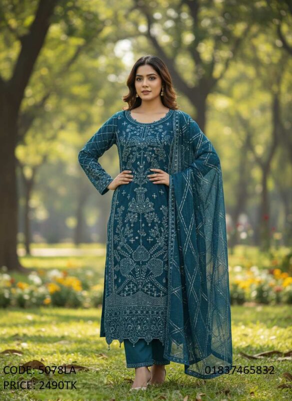 premium-georgette-embroidery-three-piece-dress-deep-teal-blue-5078LA