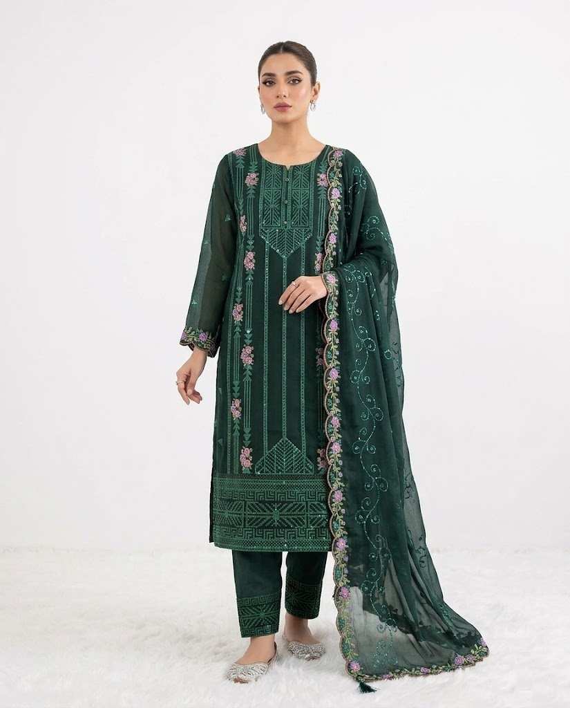 Premium Georgette Gorgeous Embroidery Stitched Three-Piece Dress with Cut-Work CLA546-2490 (1) Premium green georgette gorgeous embroidery stitched three-piece dress with cut-work for women.