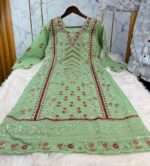 Luxury olive green georgette gorgeous embroidery stitched three-piece dress with panel work for women