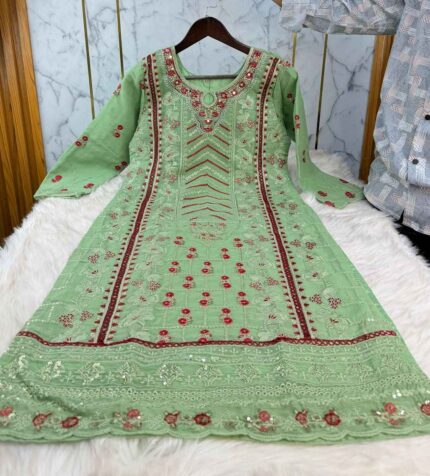 Luxury olive green georgette gorgeous embroidery stitched three-piece dress with panel work for women