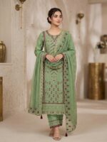 Luxury olive green georgette gorgeous embroidery stitched three-piece dress with panel work for women.