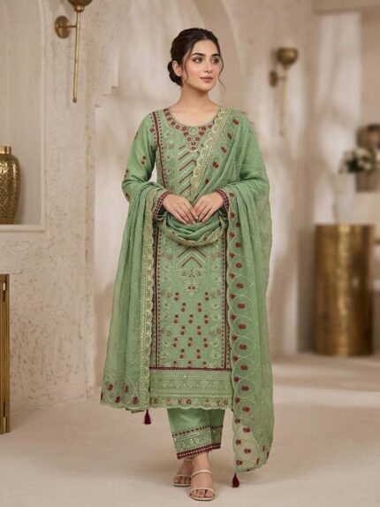 Luxury olive green georgette gorgeous embroidery stitched three-piece dress with panel work for women.