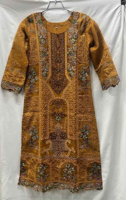 Premium kota silk embroidery stitched three-piece dress with gorgeous work for women.