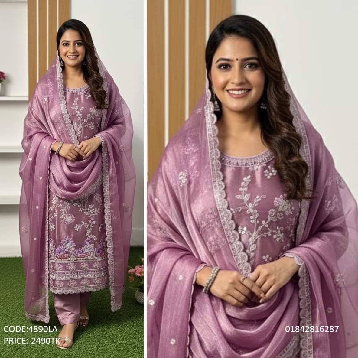 Premium Lavender Organza Three Piece Dress with Embroidery Work Premium lavender color organza three piece suit for women featuring elegant white embroidery work with matching dupatta and trousers.