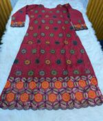Premium maroon organza embroidery stitched three-piece dress with cut-work dupatta for women.