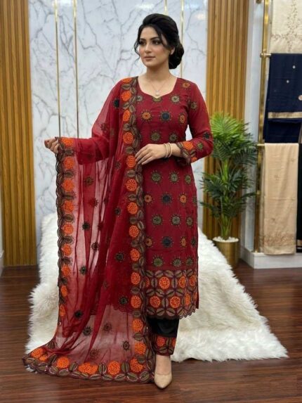 Premium maroon organza embroidery stitched three-piece dress with cut-work dupatta for women.
