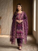 Luxury purple organza embroidery stitched three-piece dress with gorgeous cut-work for women.