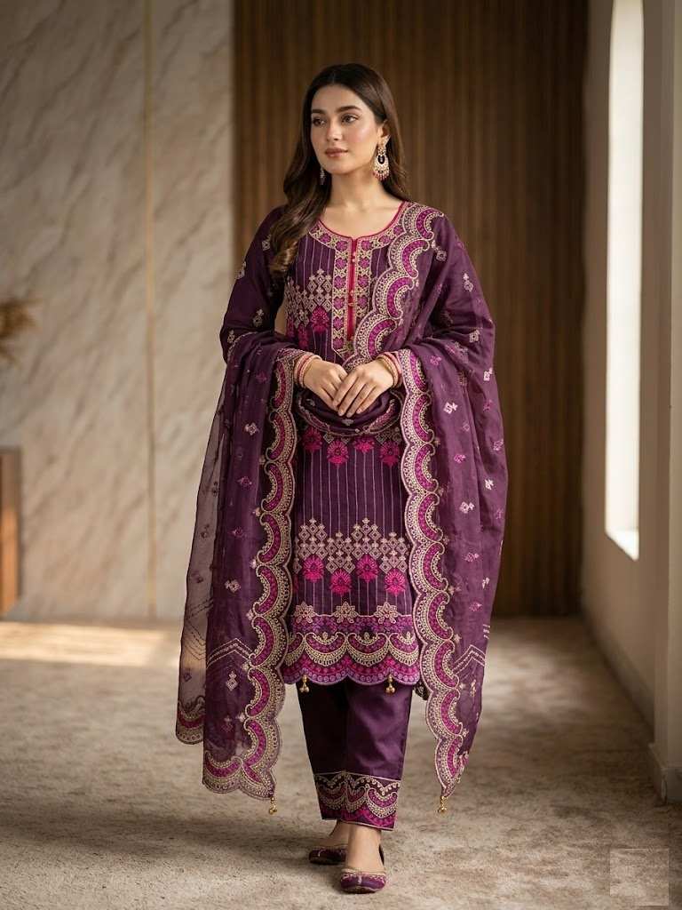 Premium Organza Luxury Embroidery Stitched Three-Piece Dress with Cut-Work CLA545-2390 (1) Luxury purple organza embroidery stitched three-piece dress with gorgeous cut-work for women.