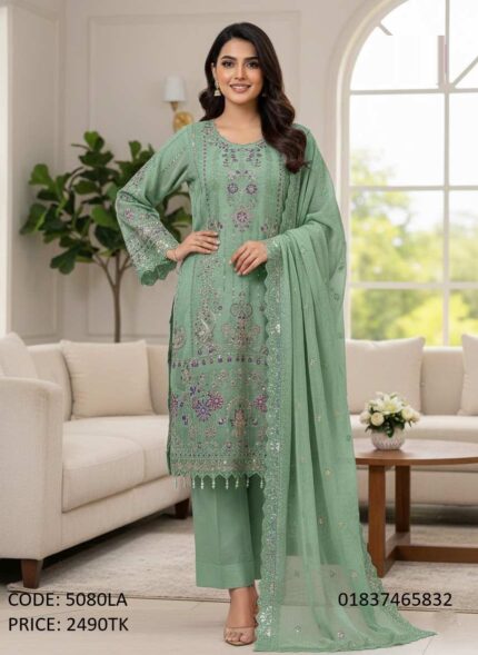 Sea green georgette three piece with gorgeous embroidery work and matching dupatta code 5080LA
