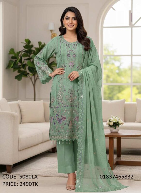 Sea green georgette three piece with gorgeous embroidery work and matching dupatta code 5080LA
