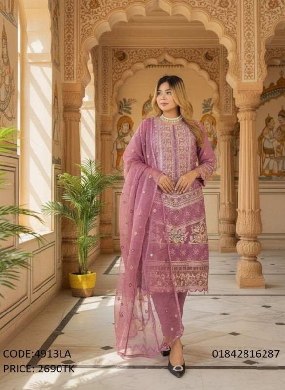 Premium lavender soft georgette embroidered three-piece dress with sequence work for women, code 4913LA.