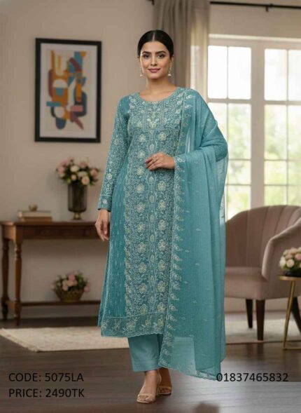 Premium sea-green soft georgette embroidery and sequence work three piece for women with product code 5075LA.