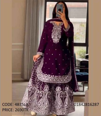 Soft georgette unstitched purple sharara dress with heavy embroidery and sequence work for women code 4835LA A