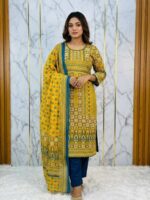 Premium Stitched Cenigura Cotton Three Piece with All-Over Print and Contrast Dupatta