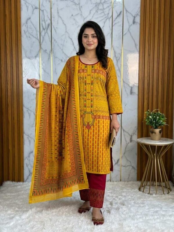 Premium Stitched Cenigura Cotton Three Piece with Traditional Printed Design