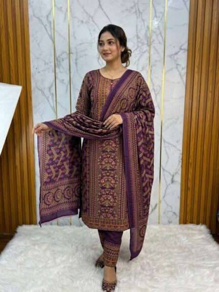 Premium Stitched Linen Three Piece with Digital Print and Cotton Dupatta