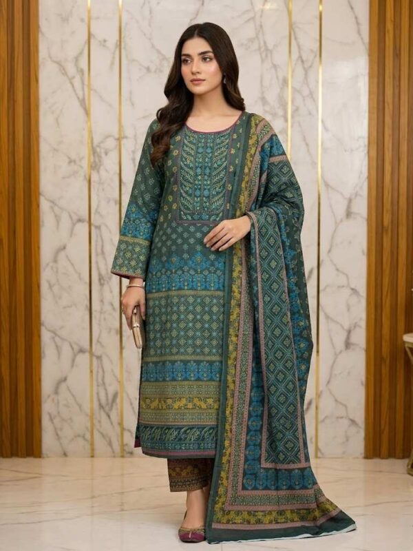 Stitched premium cotton digital printed three piece with gorgeous neck embroidery work for women