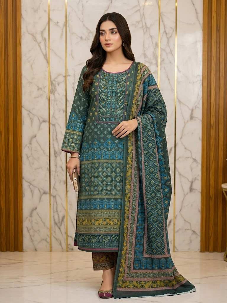 Stitched Printed & Embroidered Cotton Three Piece CLA537-1590 (1) Stitched premium cotton digital printed three piece with gorgeous neck embroidery work for women