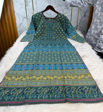 Stitched premium cotton digital printed three piece with gorgeous neck embroidery work for women