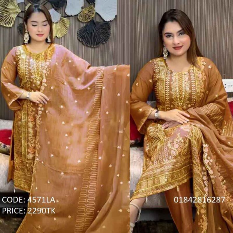 Golden brown soft georgette embroidery three piece dress for women