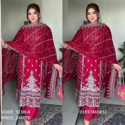 Premium maroon georgette embroidered three-piece dress with matching dupatta and trousers, product code 5138LA.