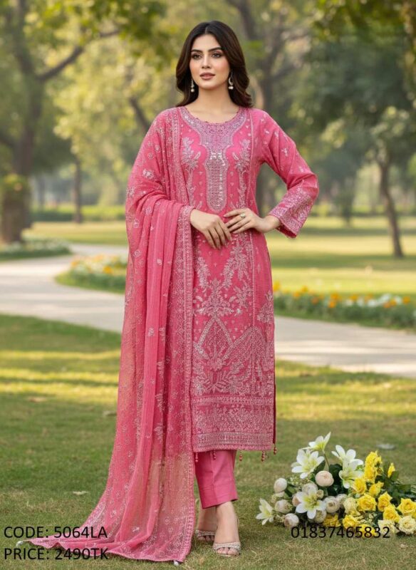 Premium pink soft georgette unstitched three piece dress with embroidery and sequence work for women code 5064LA
