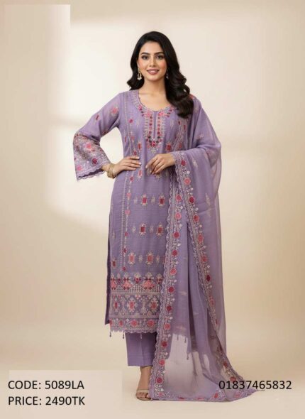 Exclusive lavender purple embroidered three piece dress for women with dupatta.
