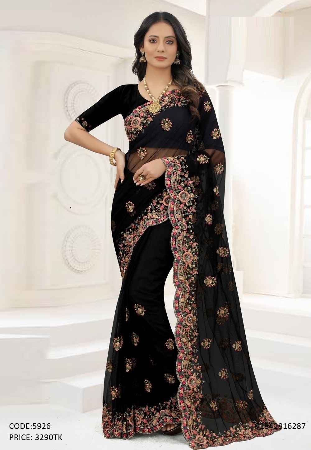 Black Soft Georgette Embroidery & Sequence Work Saree with Un-Stitched Blouse Piece Black premium soft georgette party wear saree with elegant embroidery and sequence work, code 5926