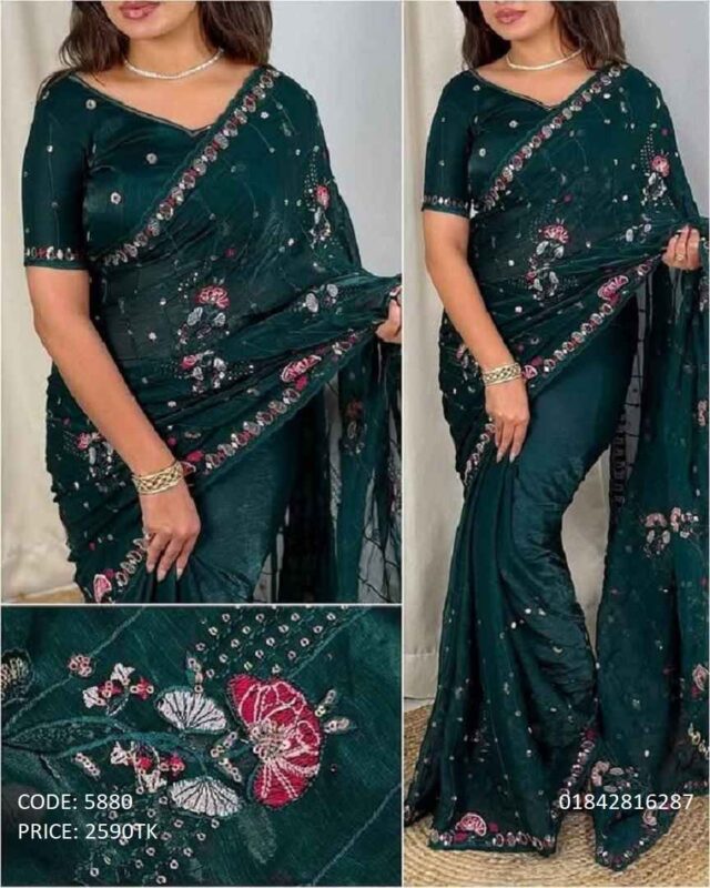 Deep bottle green georgette saree with floral embroidery and sequin work - Code 5880