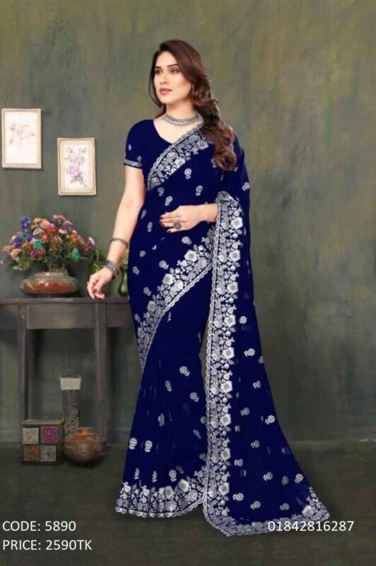 Navy blue georgette saree with silver embroidery work for women, code 5890