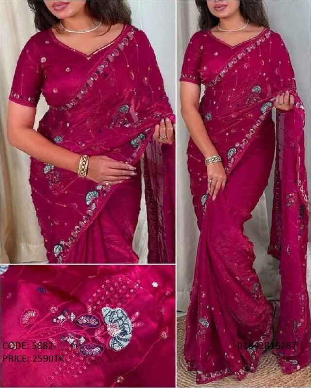 Exclusive magenta soft georgette saree with embroidery and sequence work (Code: 5882)