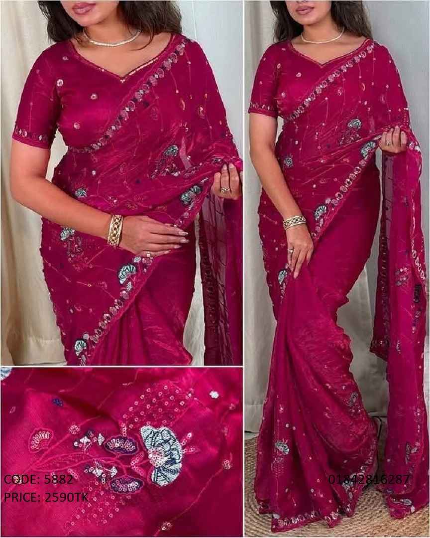 Exclusive Soft Georgette Embroidery & Sequence Work Saree Exclusive magenta soft georgette saree with embroidery and sequence work (Code: 5882)