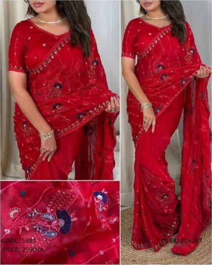 A woman wearing a vibrant red georgette saree featuring detailed floral embroidery and sequence work, paired with a matching half-sleeve blouse. The image shows a full-length view, a close-up of the intricate embroidery pattern, and text showing "CODE: 5881" and "PRICE: 2590TK".