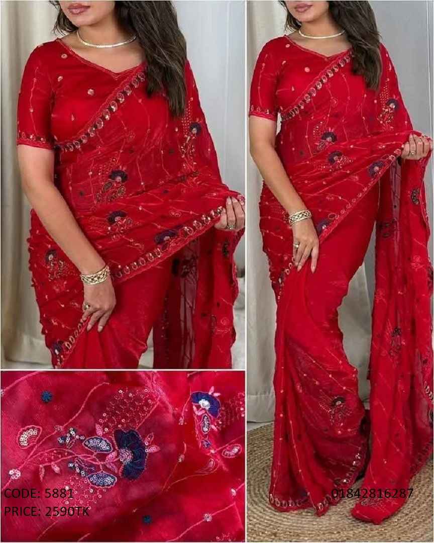Gorgeous Red Georgette Embroidered Saree with Blouse Piece A woman wearing a vibrant red georgette saree featuring detailed floral embroidery and sequence work, paired with a matching half-sleeve blouse. The image shows a full-length view, a close-up of the intricate embroidery pattern, and text showing "CODE: 5881" and "PRICE: 2590TK".