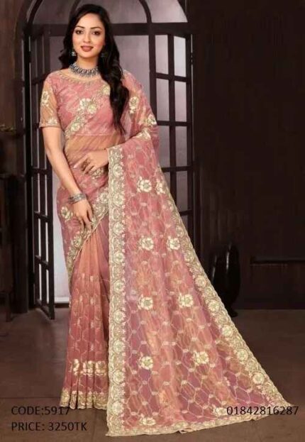 Onion pink soft net georgette saree featuring intricate embroidery and sequence work all over, paired with a matching un-stitched blouse piece.