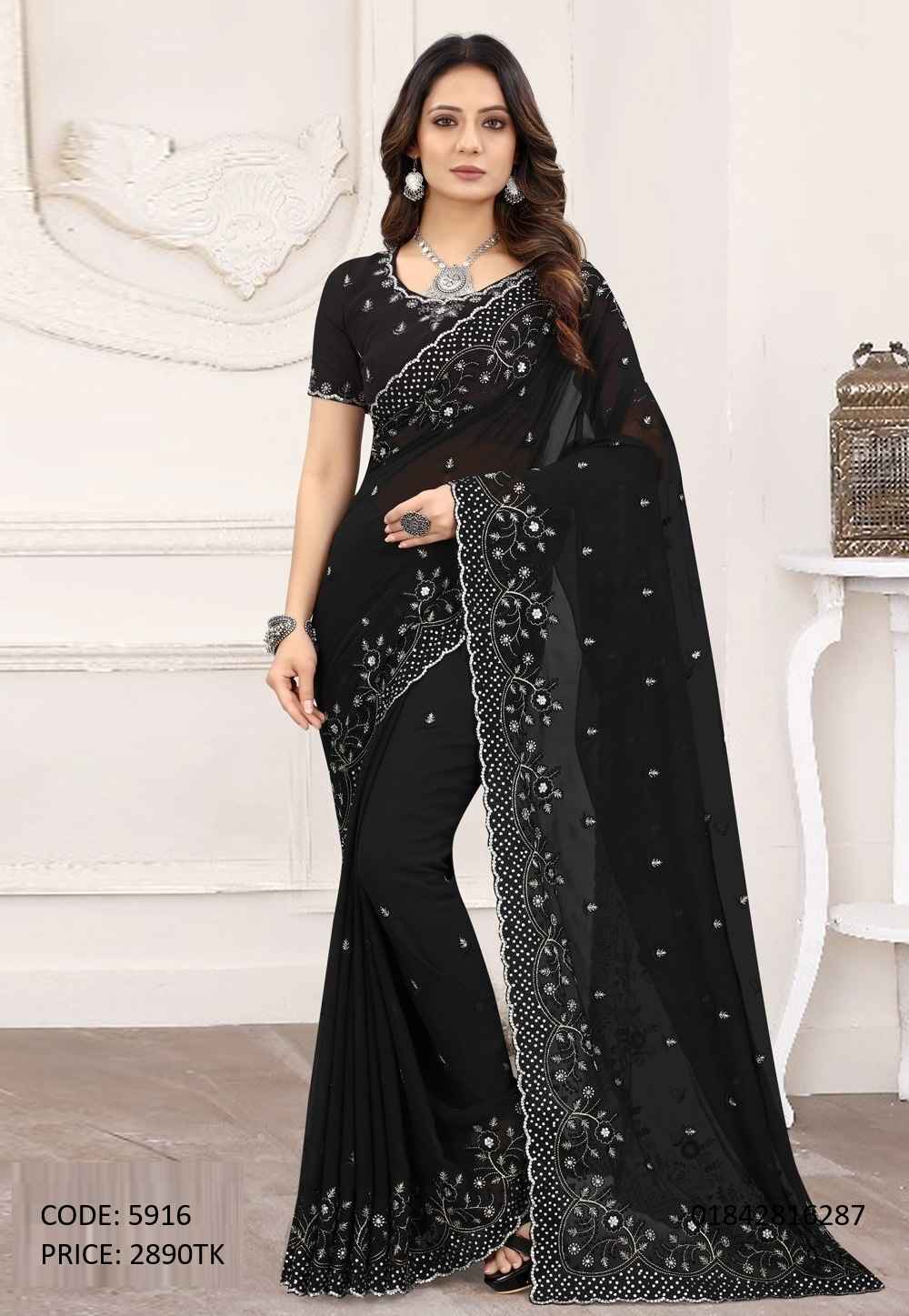 Premium Black Soft Georgette Embroidery & Sequence Work Saree with Un-stitched Blouse Piece Elegant black soft georgette saree with intricate embroidery and sequence work, featuring an unstitched blouse piece.