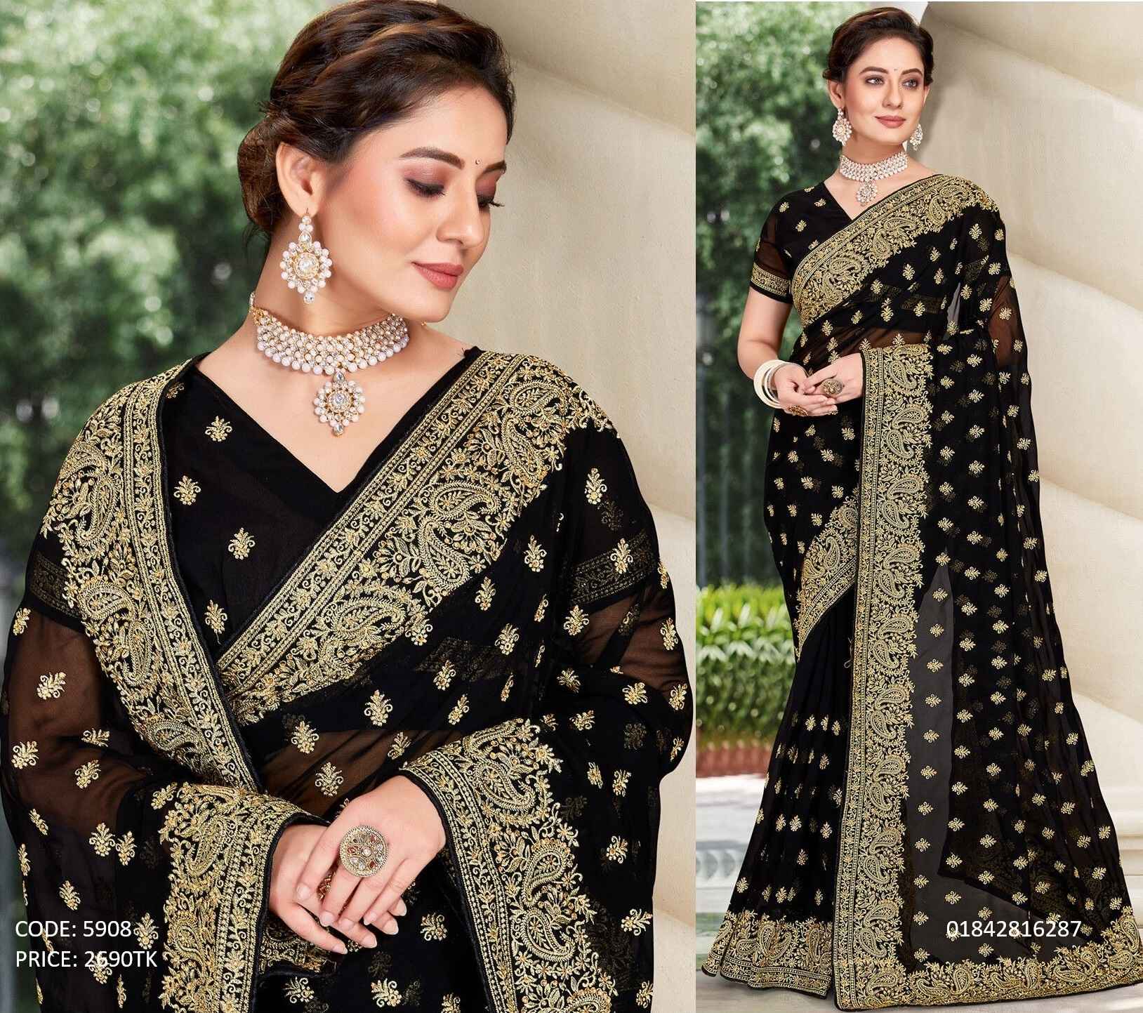 Premium Black Soft Georgette Embroidery and Sequence Work Saree with Un-Stitched Blouse Piece A woman wearing a premium black soft georgette saree featuring intricate golden embroidery and sequence work all over the body and border, paired with traditional jewelry.