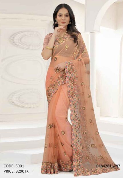 Gorgeous peach color soft georgette saree with intricate embroidery and sequence work border, includes un-stitched blouse piece (Code 5901)