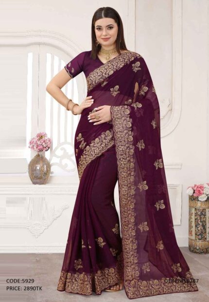 Soft georgette deep purple saree with gorgeous golden embroidery and sequence work on the border and body