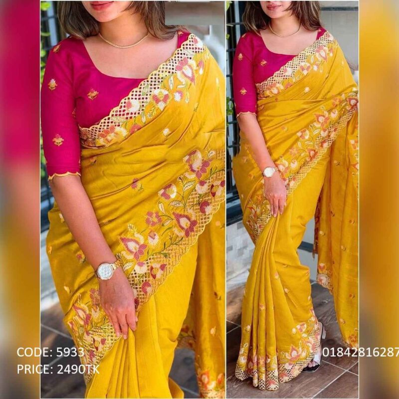 Yellow soft georgette saree with intricate floral embroidery and sequence work border, paired with a magenta unstitched blouse piece.
