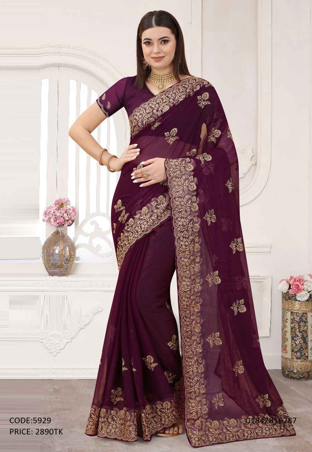 Premium Soft Georgette Embroidery & Sequence Work Saree with Un-Stitched Blouse Piece Soft georgette deep purple saree with gorgeous golden embroidery and sequence work on the border and body