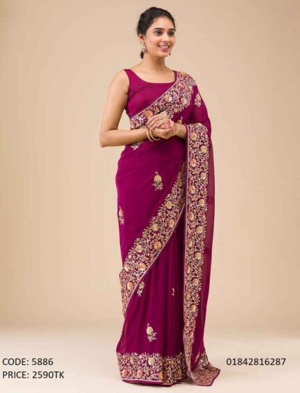 Soft Georgette purple saree with gorgeous embroidery and sequence work border along with unstitched blouse piece code 5886