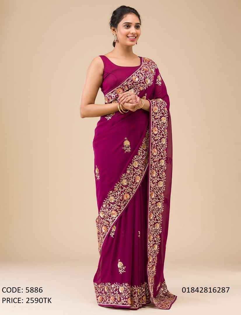 Premium Soft Georgette Saree with Embroidery & Sequence Work Soft Georgette purple saree with gorgeous embroidery and sequence work border along with unstitched blouse piece code 5886