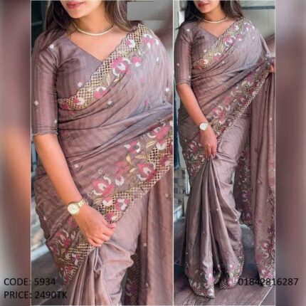 Premium White Gold Embroidery & Sequence Work Saree with Blouse Piece