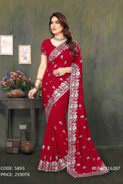 Soft georgette red saree with silver embroidery and sequence work code 5893