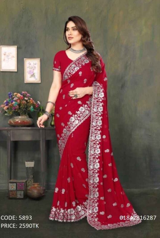 Soft georgette red saree with silver embroidery and sequence work code 5893